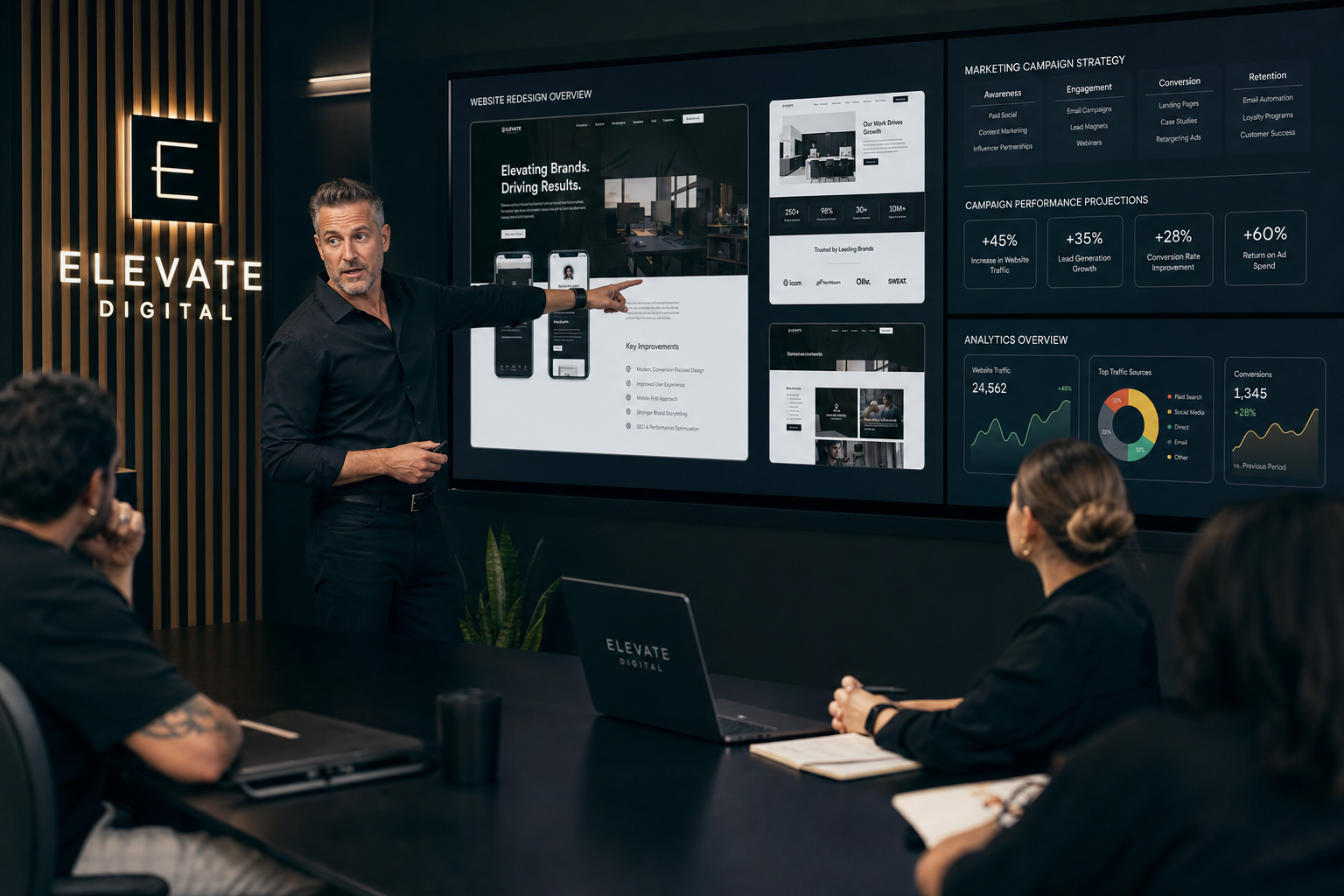 Marketing strategist presenting campaign analytics in a modern dark boardroom