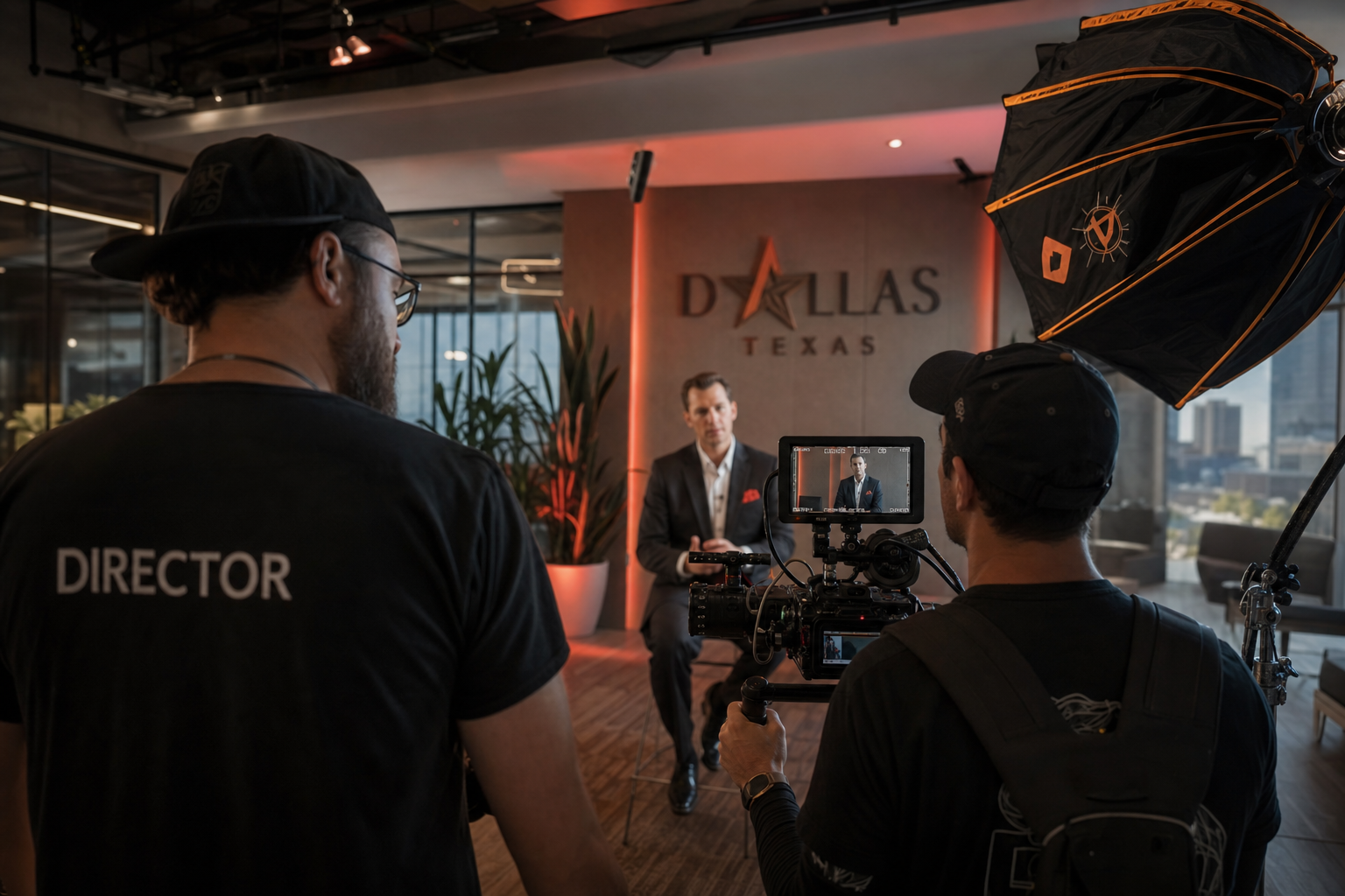 Film crew shooting corporate spokesperson in Dallas, Texas with cinematic orange lighting