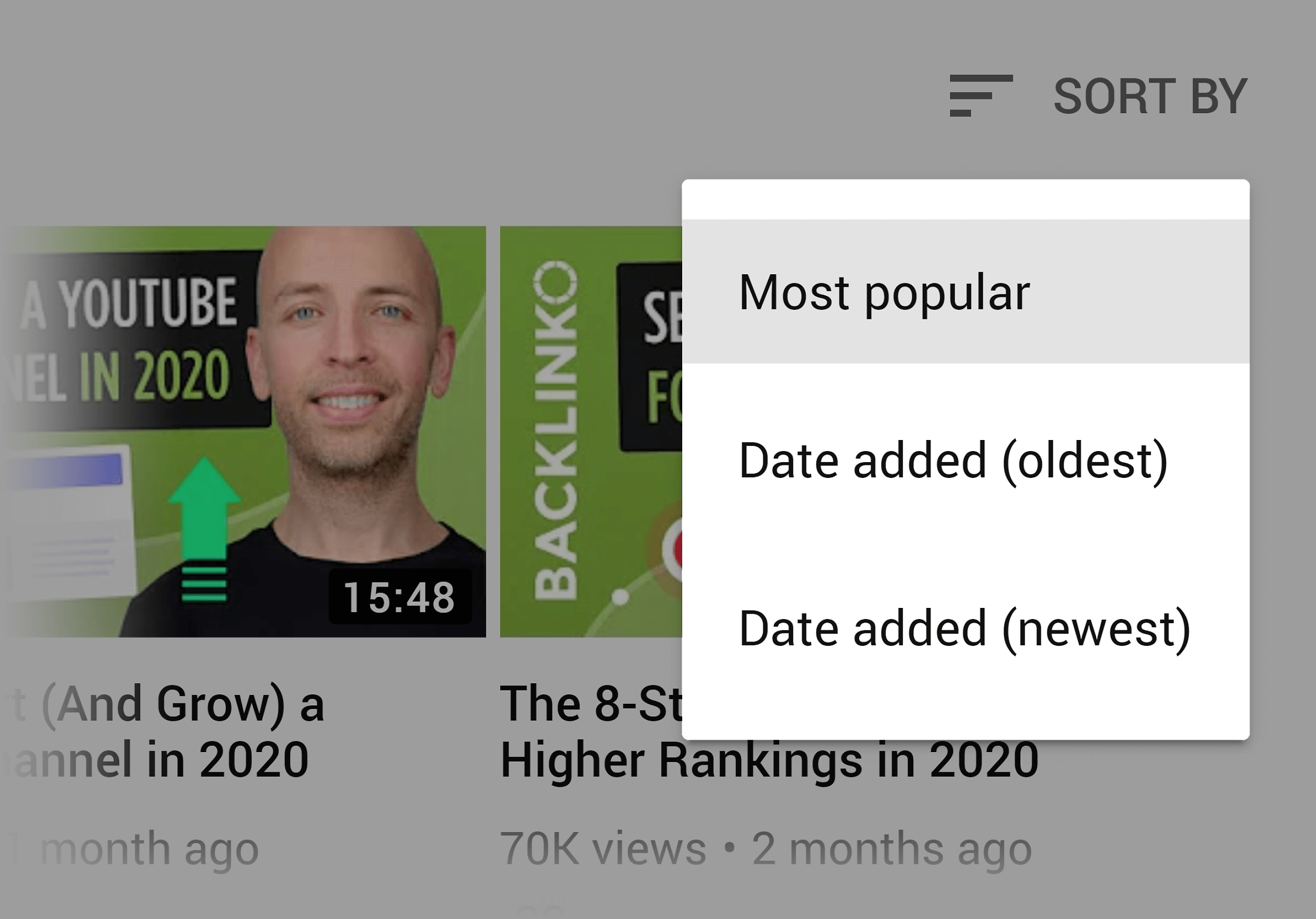 Backlinko – Sort videos by most popular