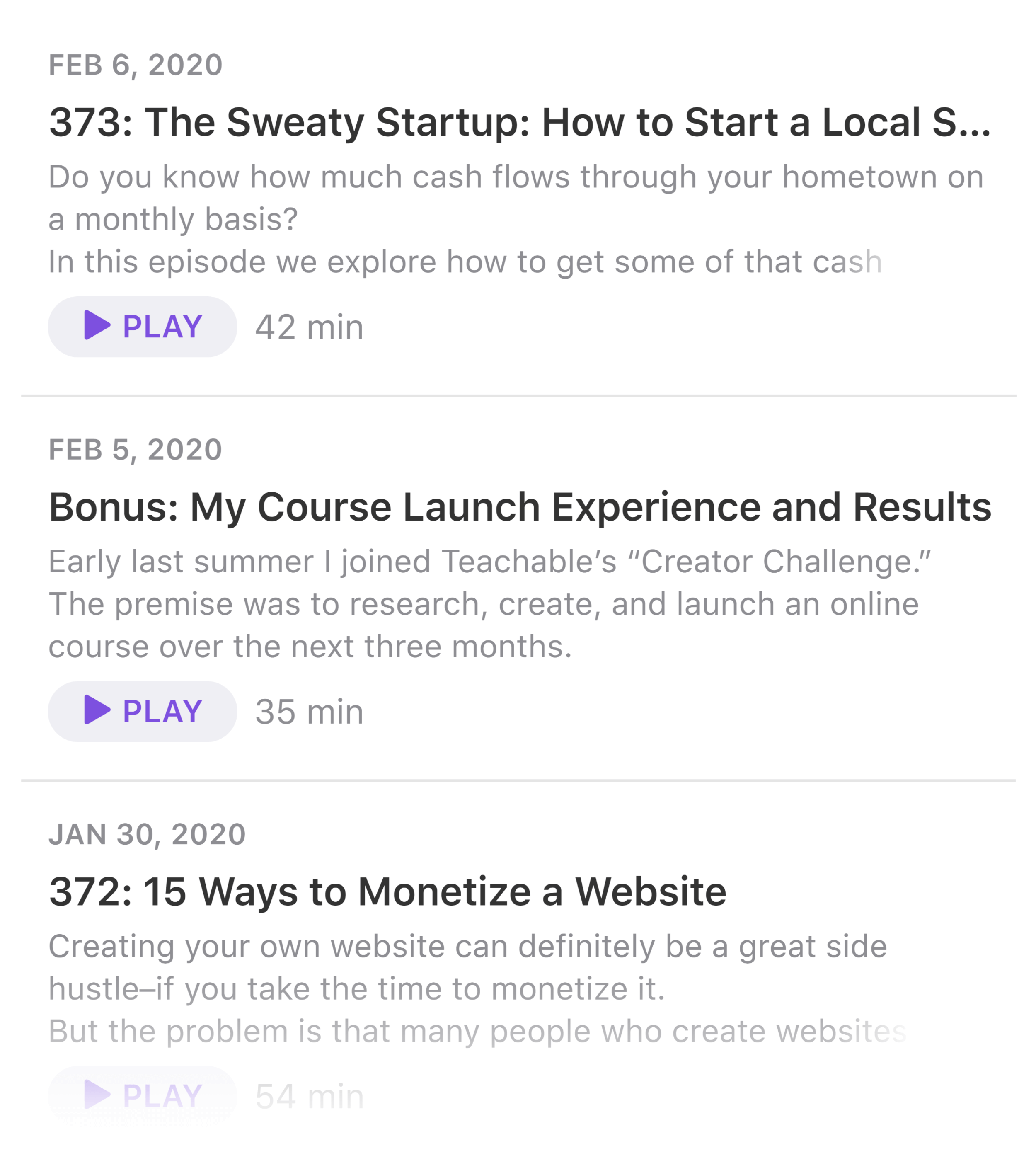 Podcast episodes list