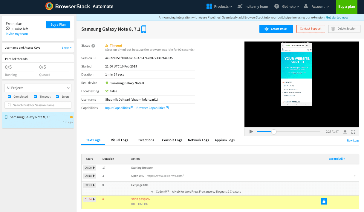 Video and logs of BrowserStack tests