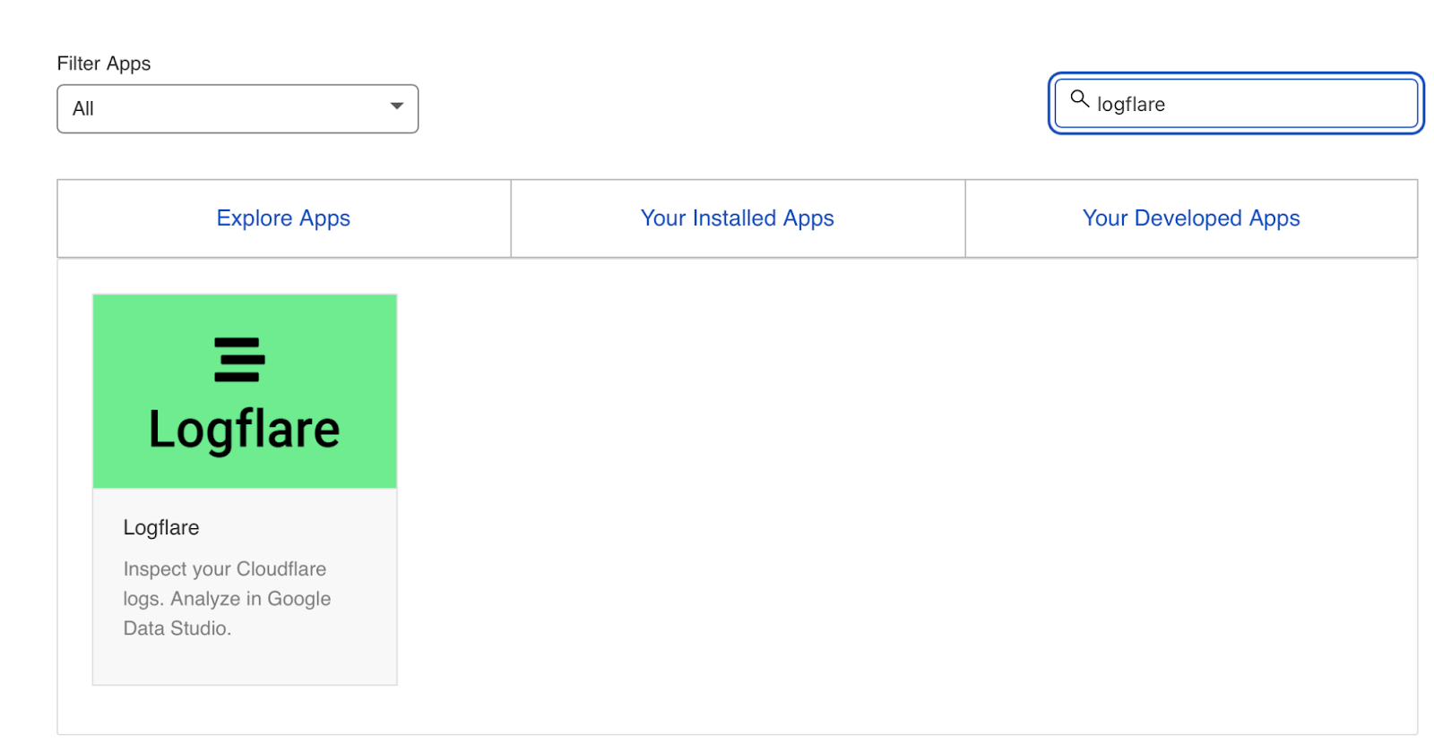 "Logflare" appearing in search field on top-right corner, and the app appearing below in the results 