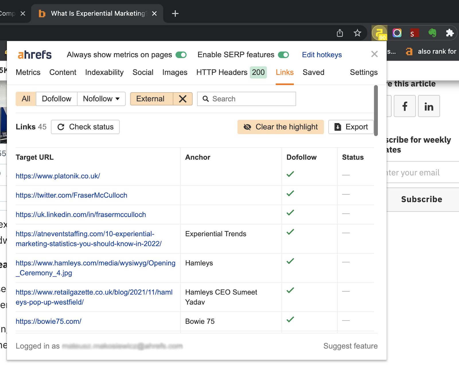 Example of outbound links shown in Ahrefs' SEO Toolbar