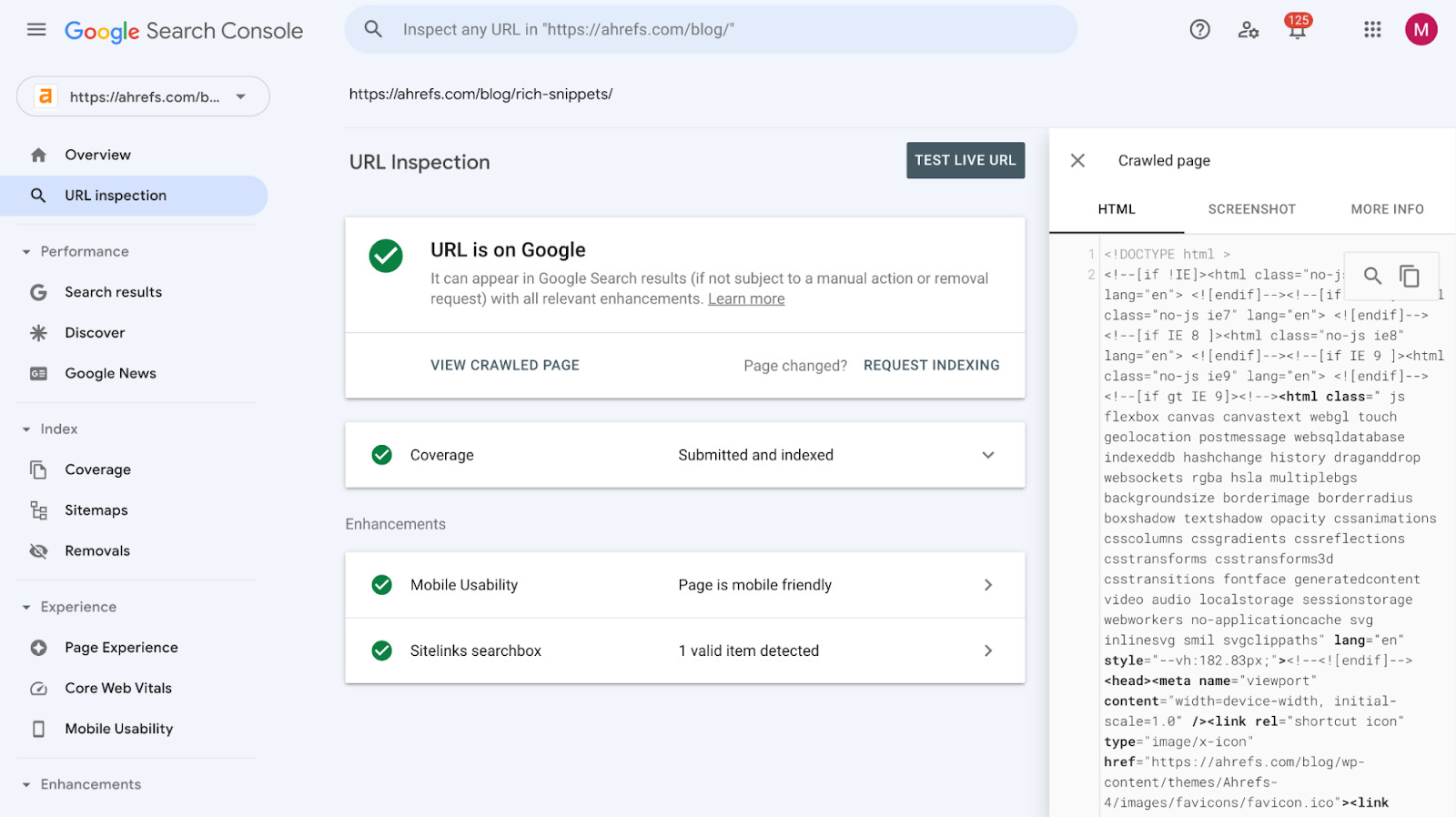 URL Inspection report results