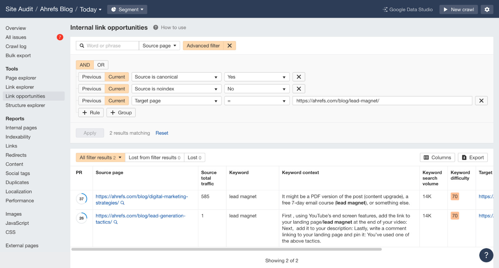 Advanced filters in Internal link opportunities report