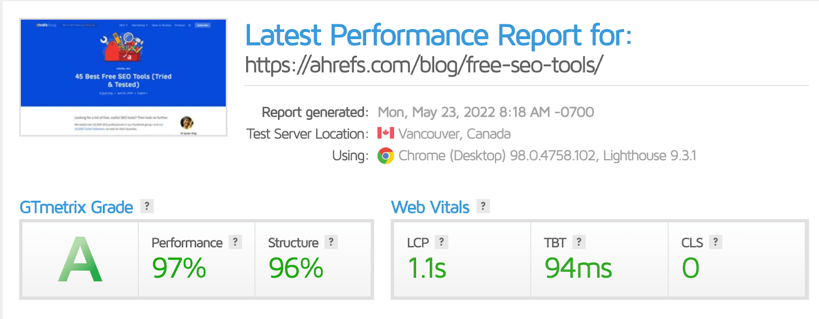 Results of page speed test showing GTmetrix grade and CWV data