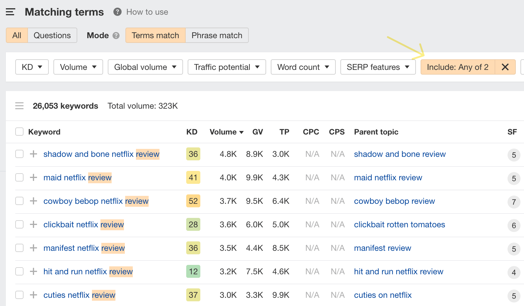 Using the Include filter to find review keywords