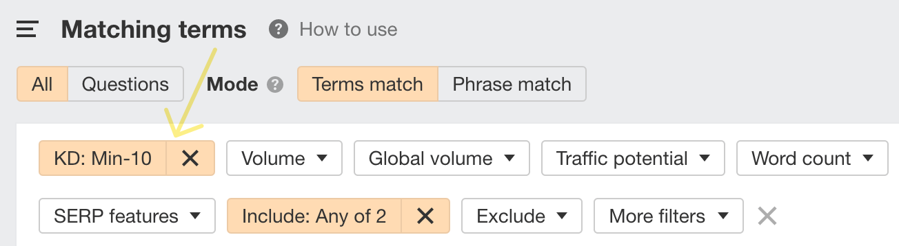 Filtering by Keyword Difficulty (KD) to find easy topics