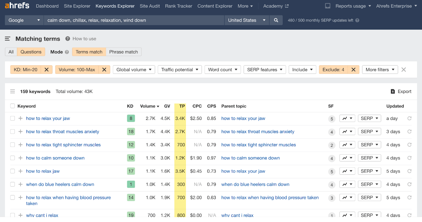 Matching terms report results for "calm down, chillax, relax, relaxation, wind down"