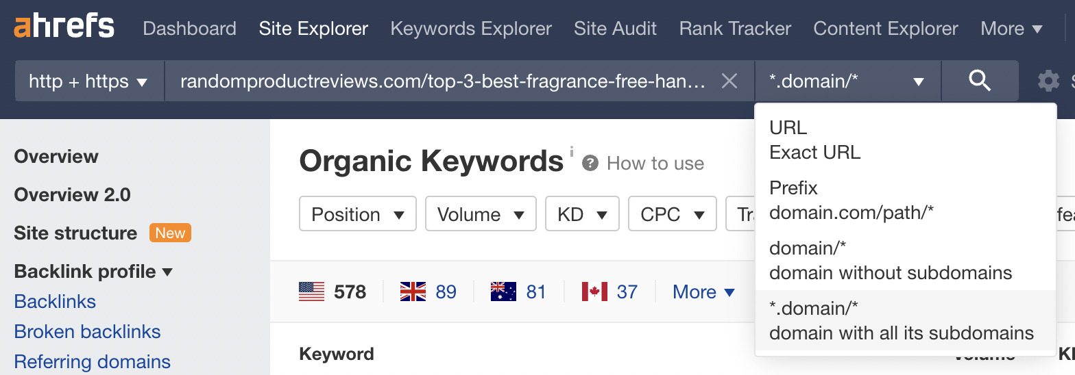 Drop-down options showing “domain with all its subdomains” selected