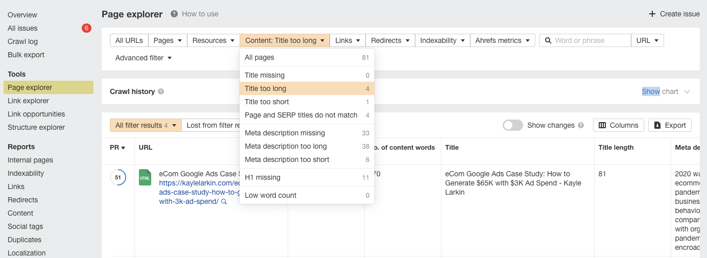 Screenshot of Ahrefs' Page explorer report for "Title too long"