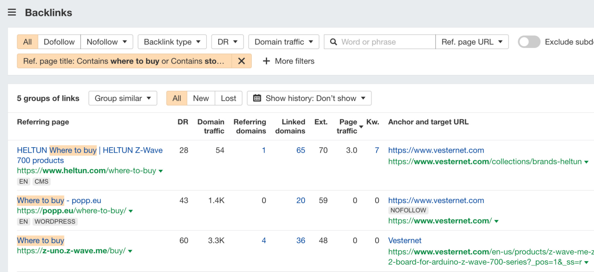 Finding "where to buy" and "stockist" pages in Ahrefs' Site Explorer
