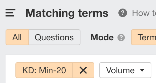 Keyword Difficulty filter in Ahrefs' Keywords Explorer
