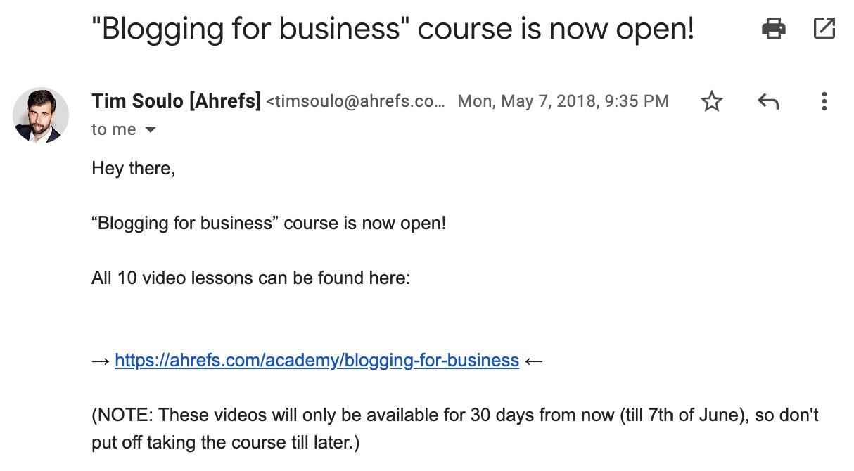 Course launch email.