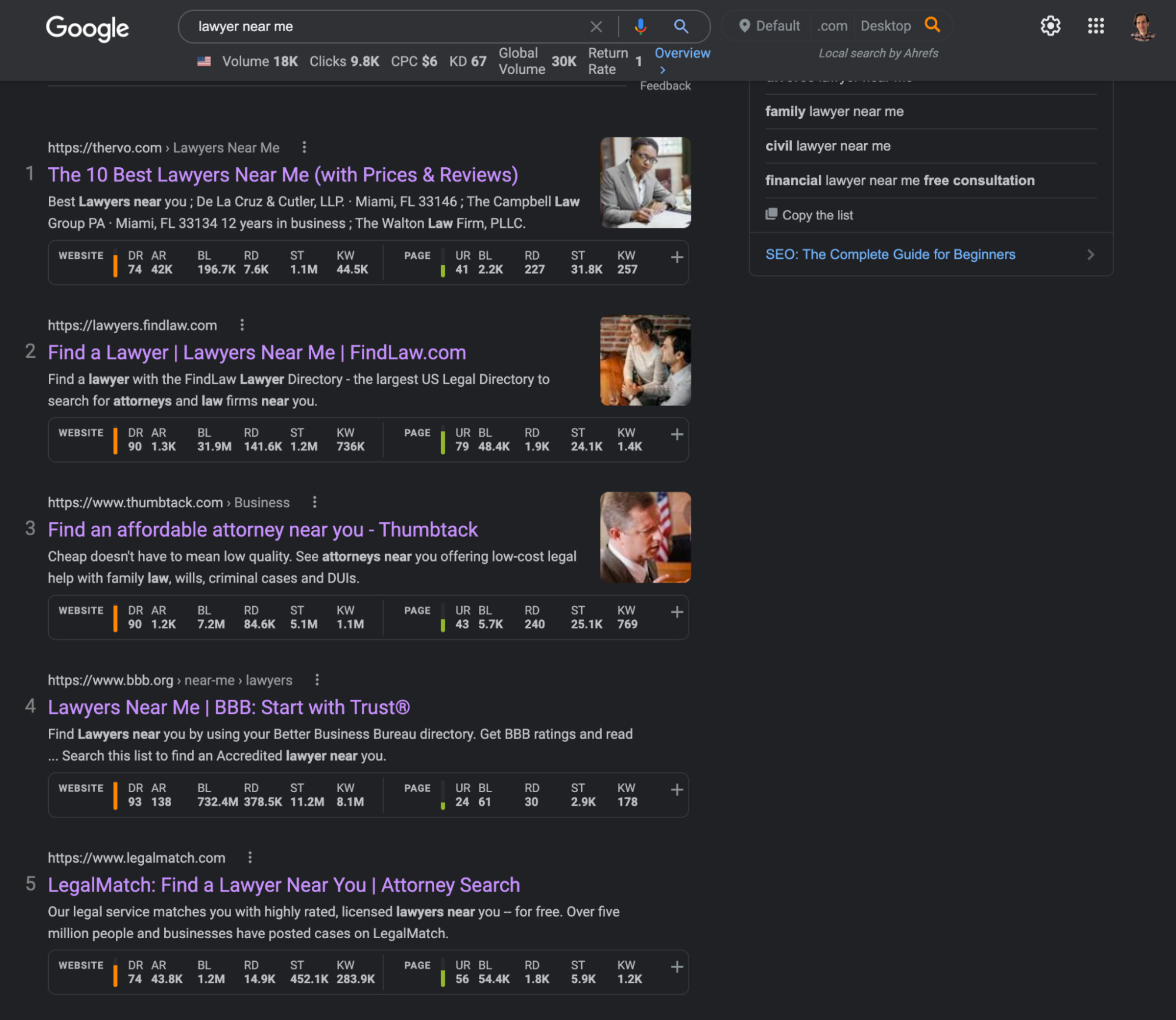 Google SERP for "lawyer near me"