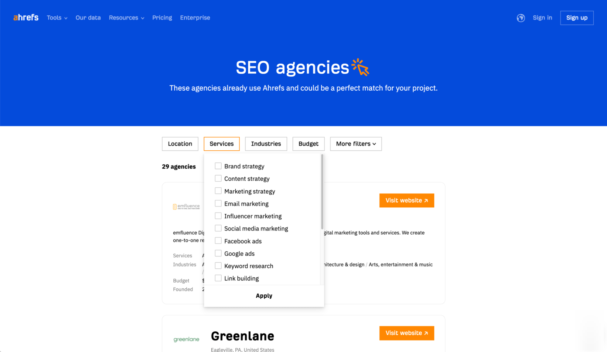 SEO agency directory listing in Ahrefs