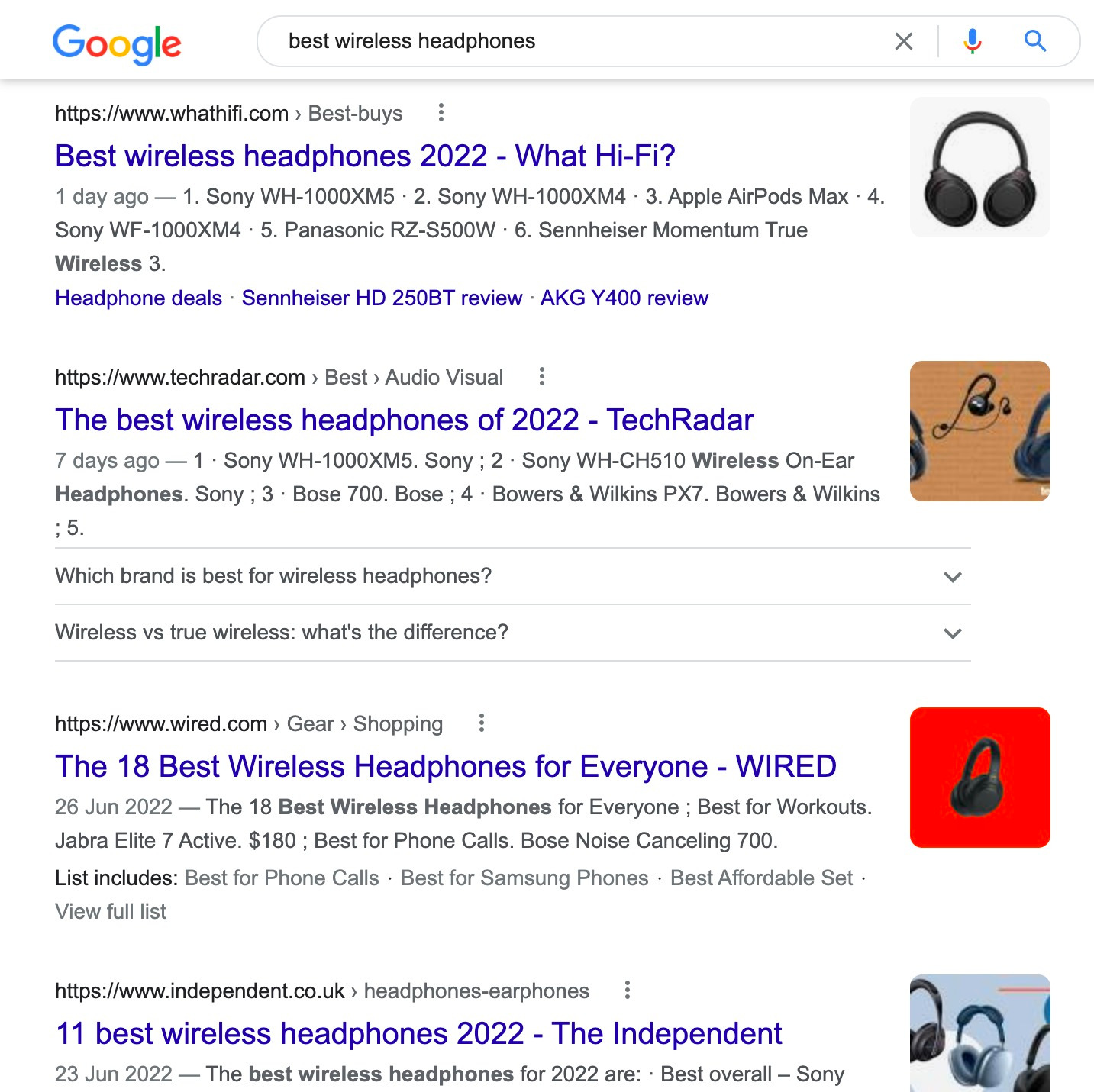 SERP for "best wireless headphones"