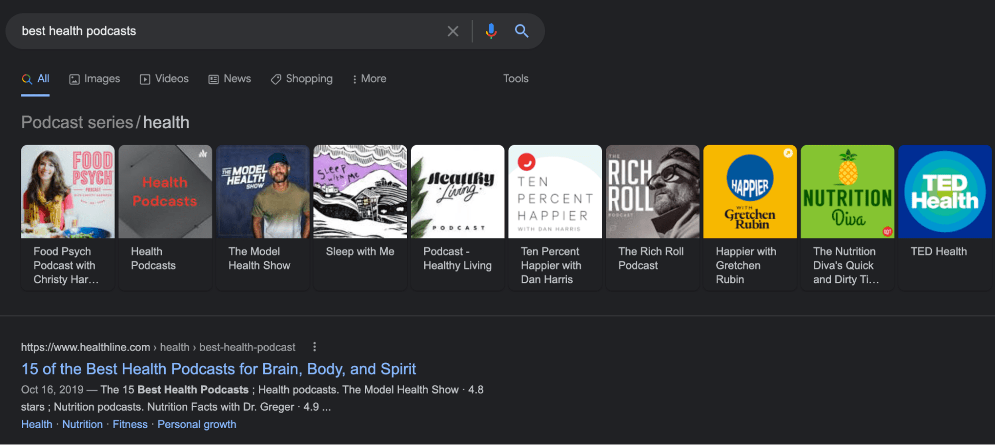 Keyword "best health podcasts" brings out Google carousel rich result on top of the regular blue links