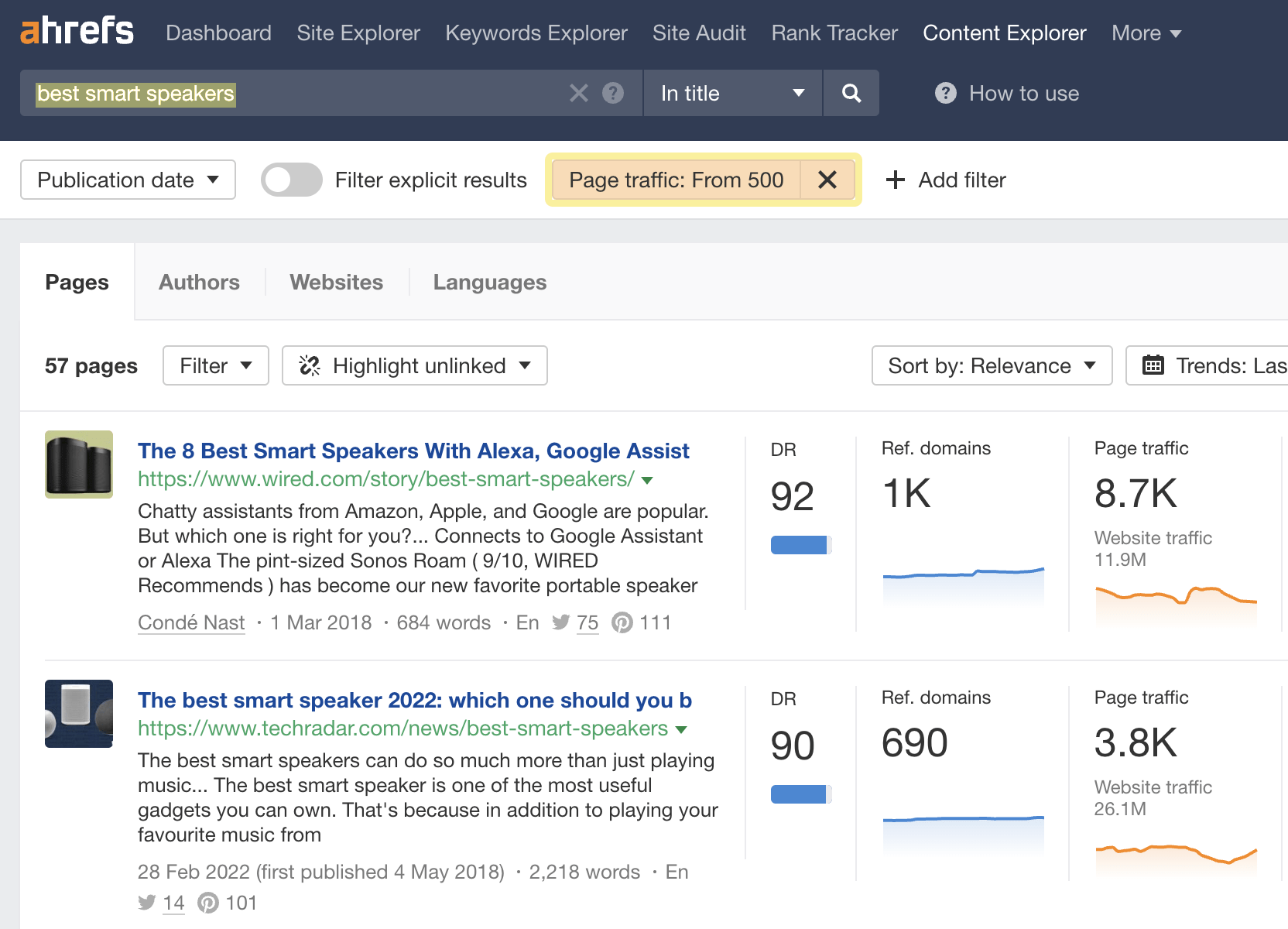 Searching Ahrefs' Content Explorer for popular product listicles