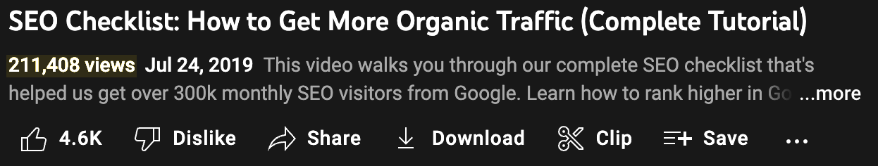 Views on YouTube for a video on SEO checklists