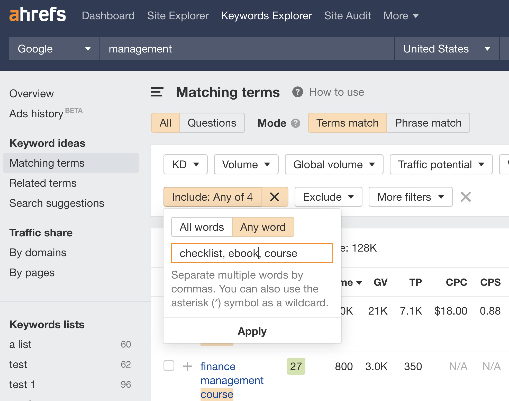 Using filters in the Matching terms report to find topics for lead magnets