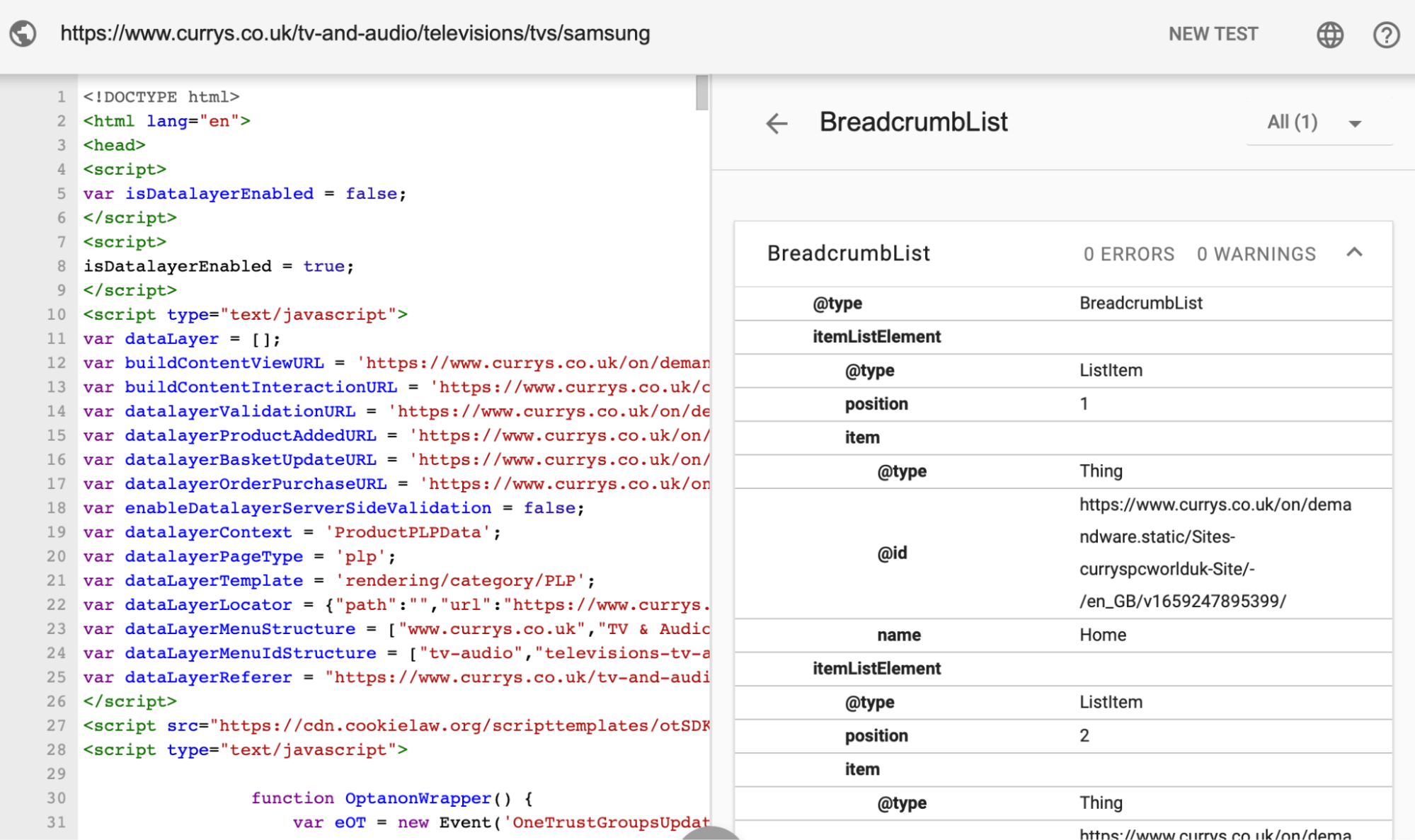 Schema code via Schema Markup validator