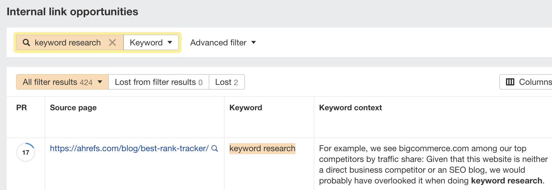 Finding internal linking opportunities using the Internal link opportunities report in Ahrefs' Site Audit