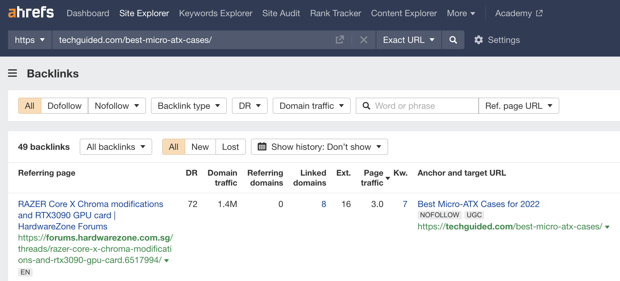 Backlinks report for one of the top-ranking pages for "micro atx case," via Ahrefs' Site Explorer
