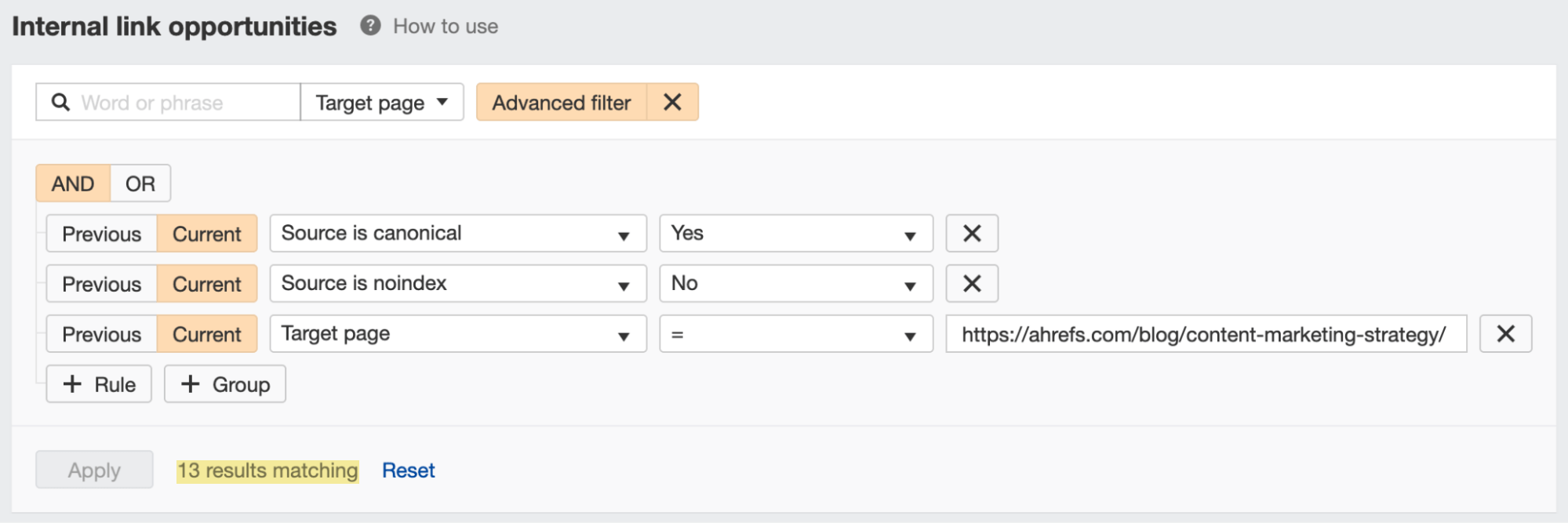 Searching for internal link opportunities in Ahrefs' Site Audit
