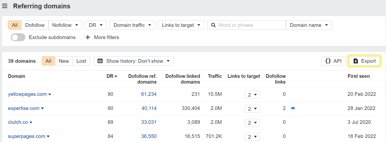 export referring domains