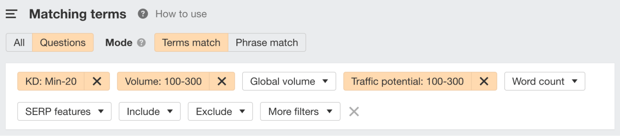 Example of using various filters to find long-tail keywords.