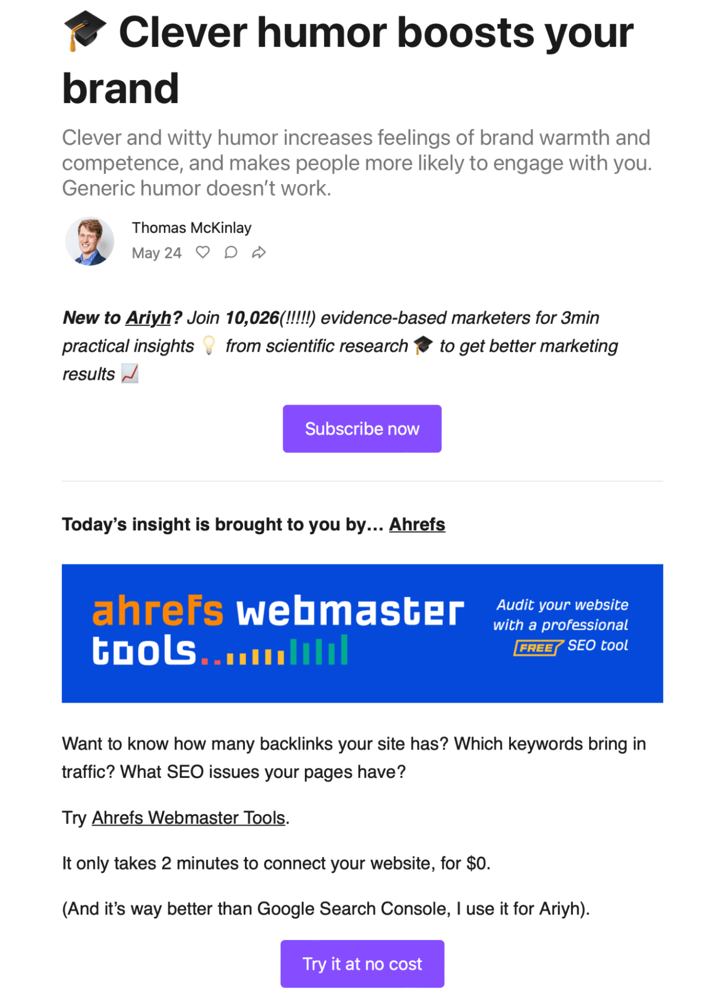 Ahrefs sponsorship of the Ariyh newsletter
