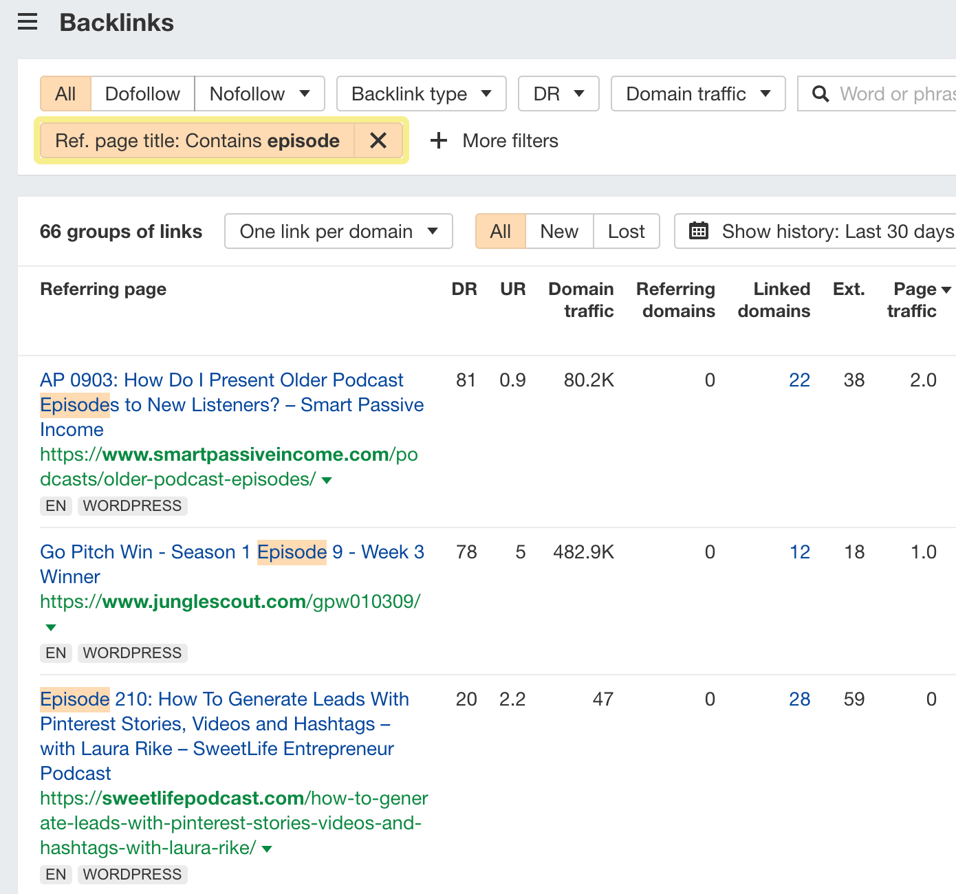 Backlinks report for MeetEdgar, filtered for Laura Roeder, via Ahrefs' Site Explorer