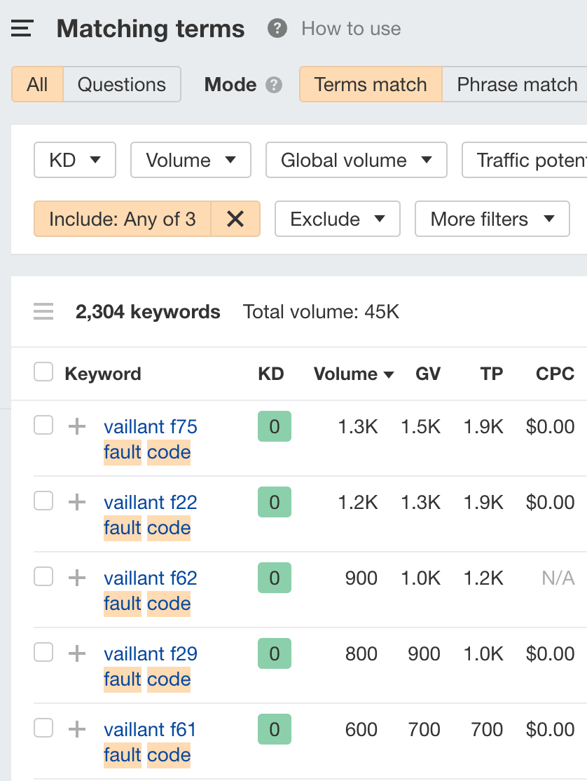 Matching terms report with error-type words filtered, via Ahrefs' Keywords Explorer