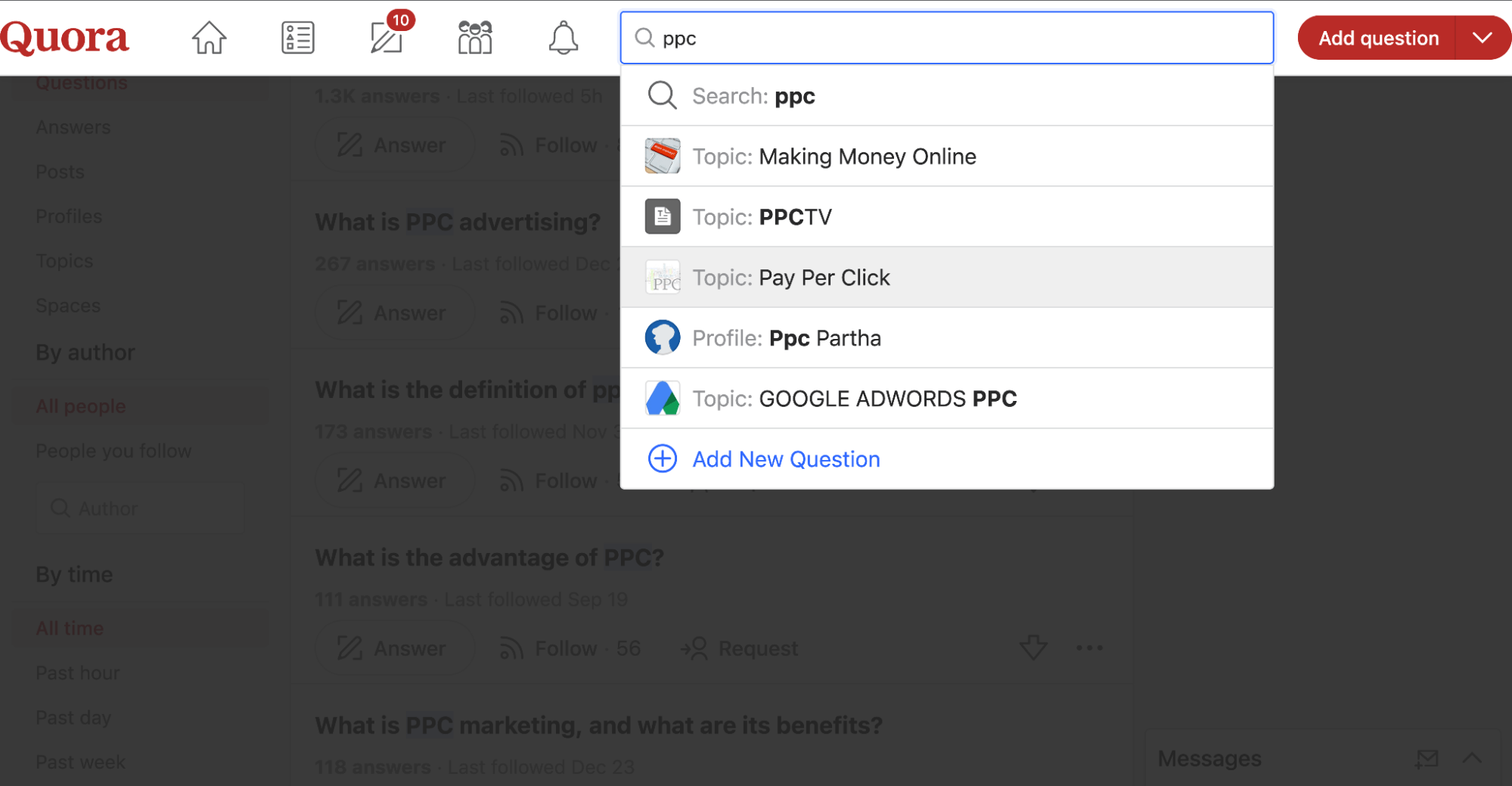 Looking up PPC topic on Quora