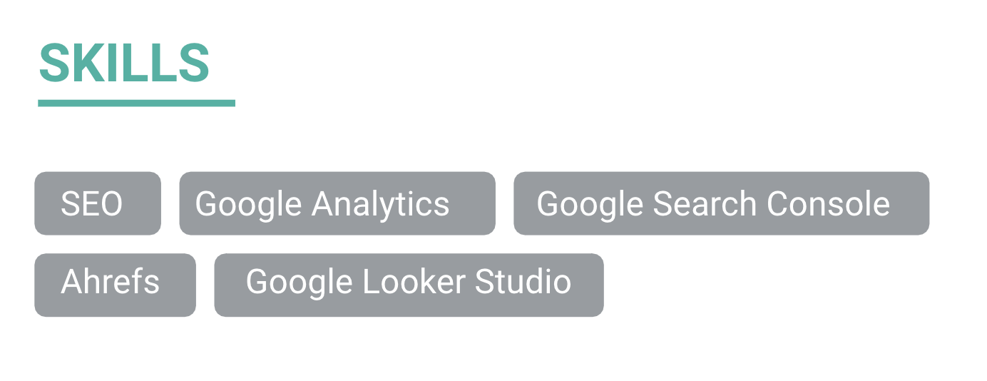 Screenshot of SEO resume template's "skills" section, via Google Slides