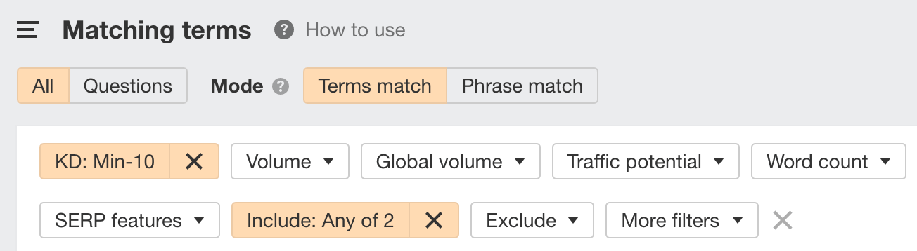 KD filter set to min-10 in Matching terms report