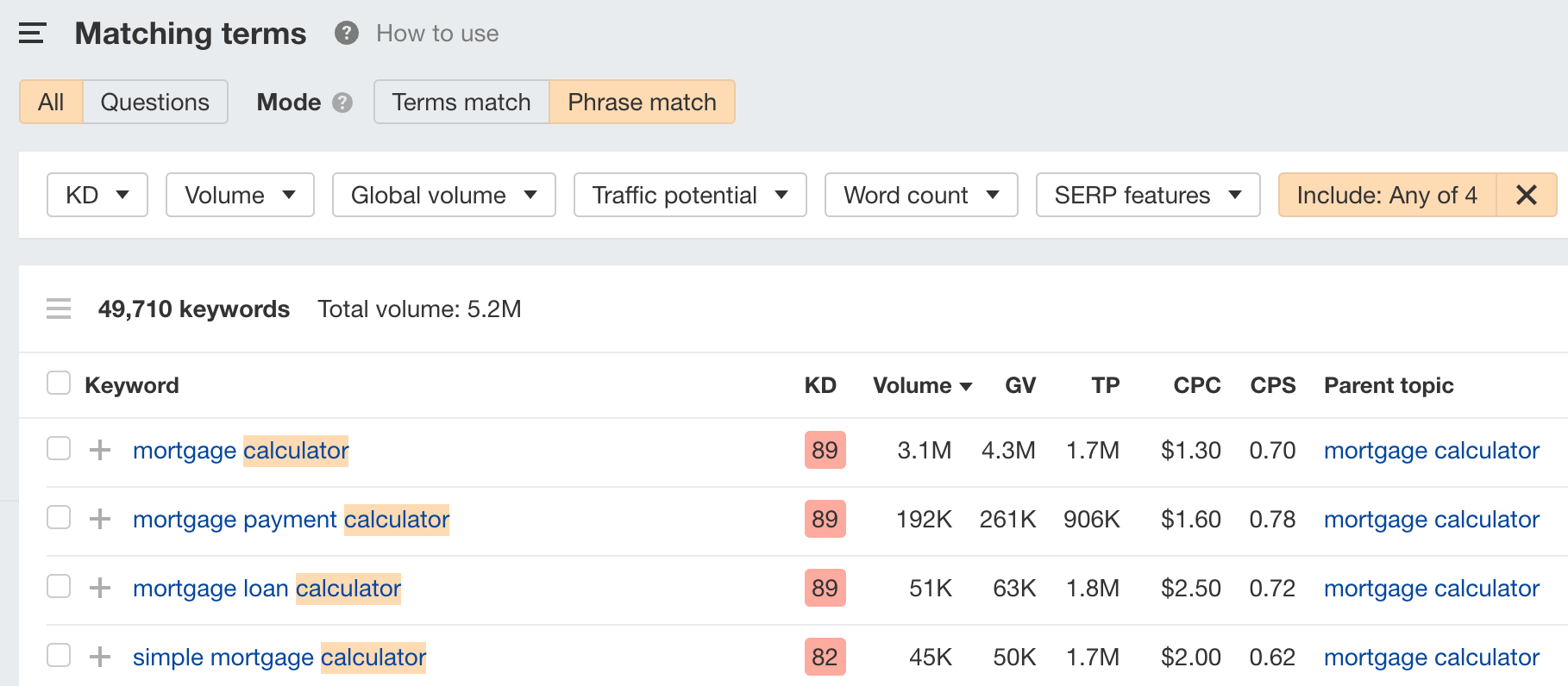 The Matching terms report with tool-type words filtered, via Ahrefs' Keywords Explorer