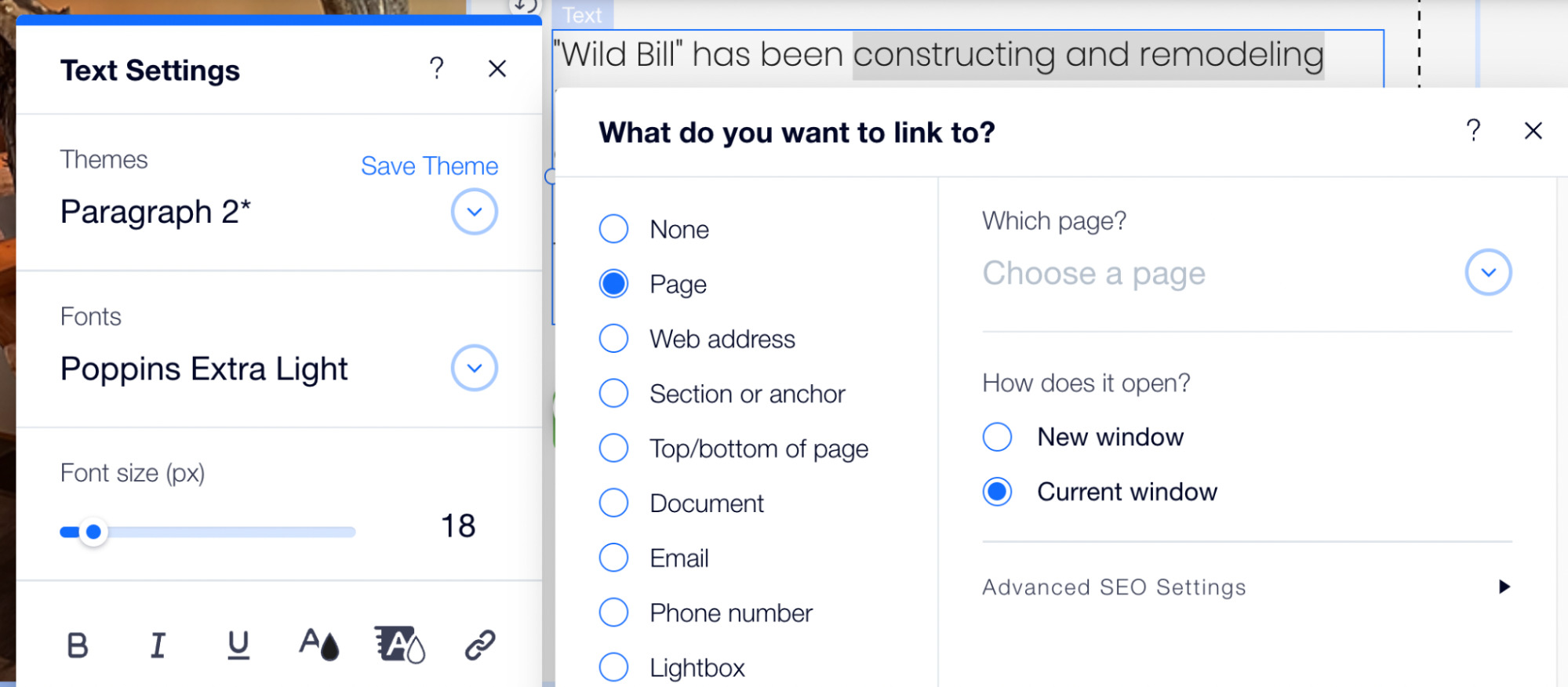 Wix internal link settings