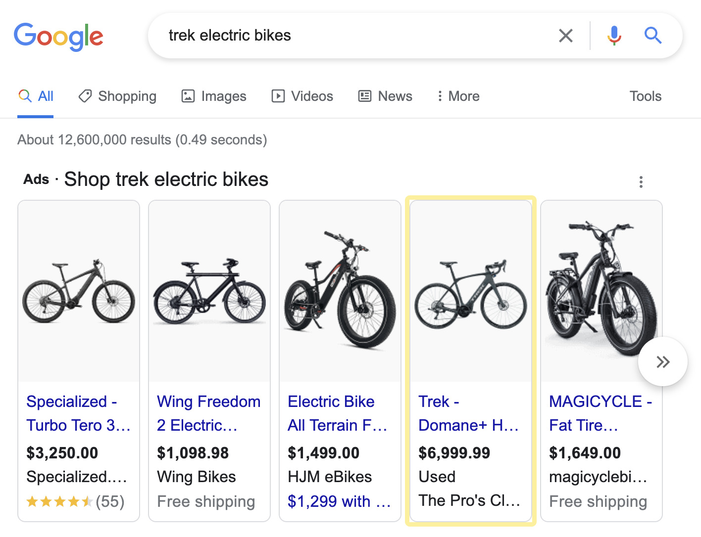 Ads on Google SERP for "trek electric bikes"