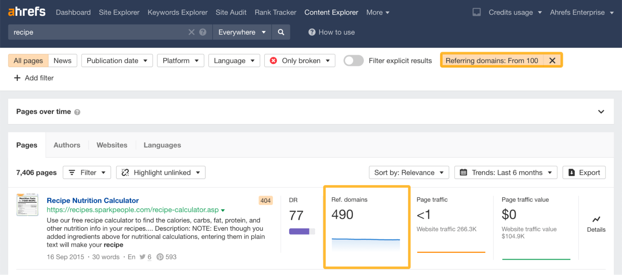 Pages over time report, via Ahrefs' Content Explorer