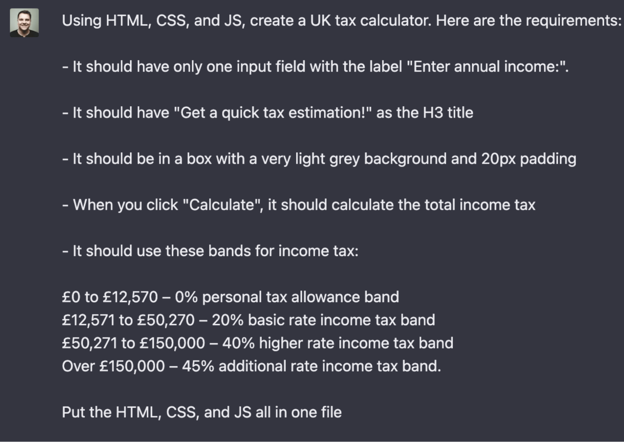 Asking ChatGPT to code an income tax calculator