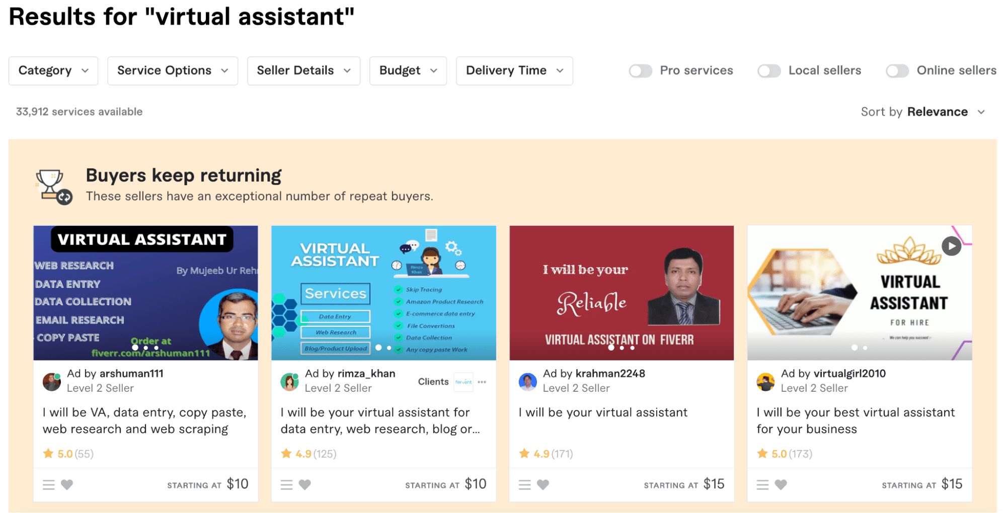 Fiverr search results for "virtual assistant"