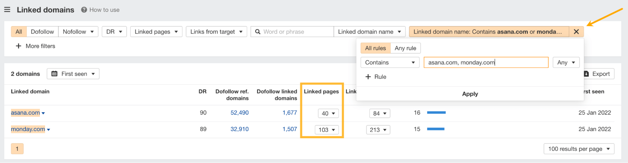 Linked domains report, via Ahrefs' Site Explorer