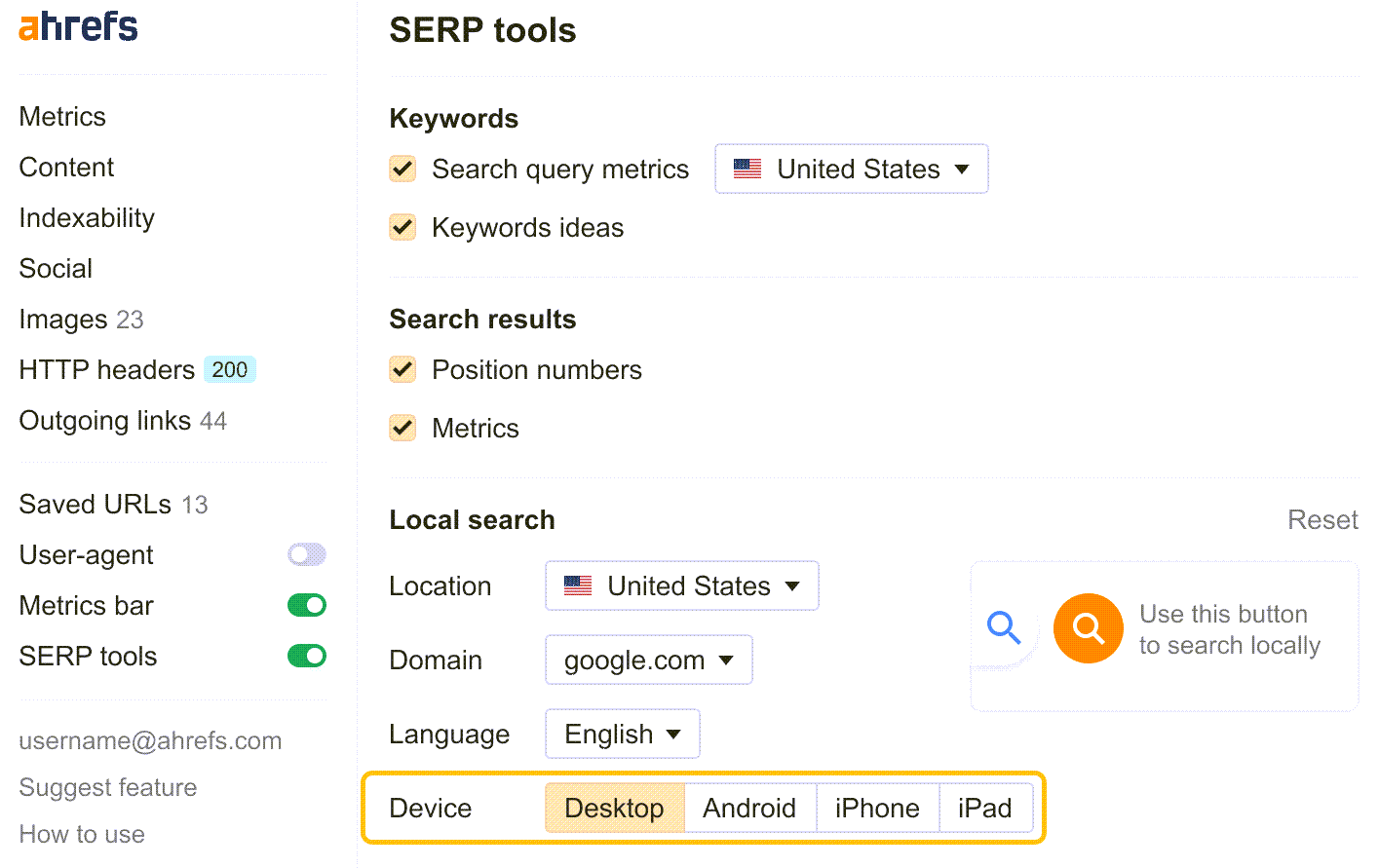 Mobile SEO: 10 Optimization Tips to Build a Mobile-Friendly Site | Selecting a device, via Ahrefs' SEO Toolbar