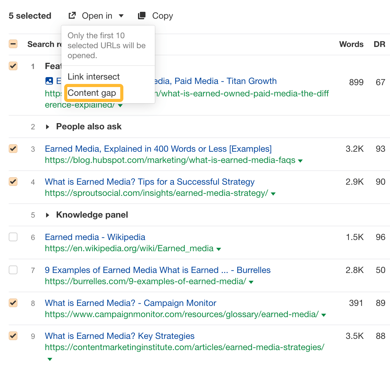 SEO for a New Website: 8 Important Steps | "Open in Content Gap" feature, via Ahrefs' Keywords Explorer