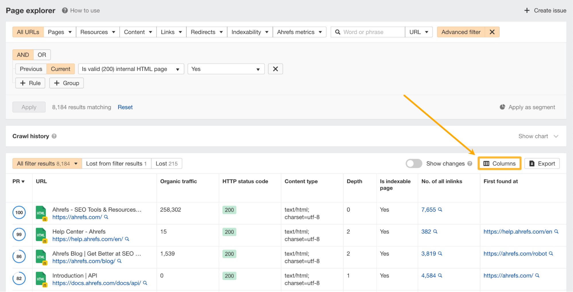 Columns in Page explorer report, via Ahrefs' Site Audit