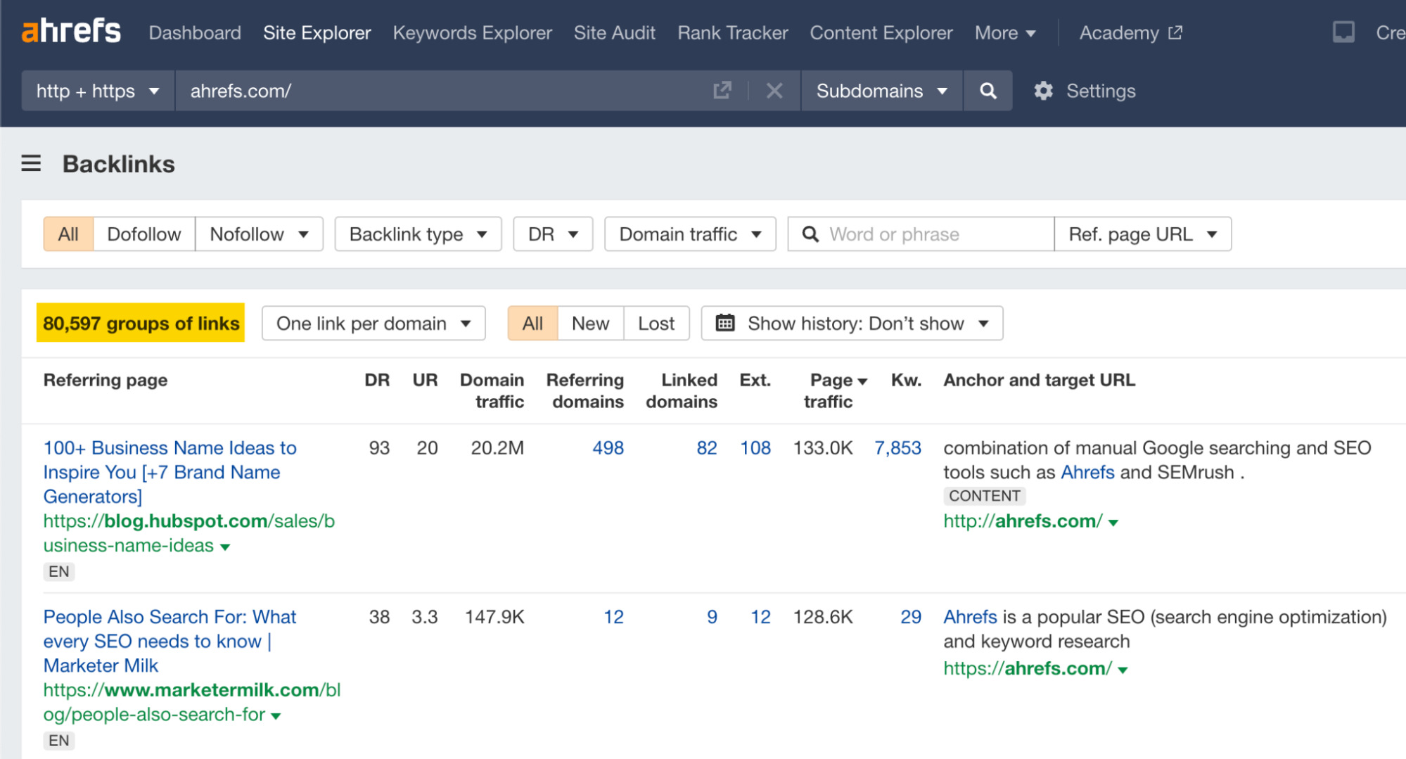 Checking backlinks in Ahrefs' Site Explorer
