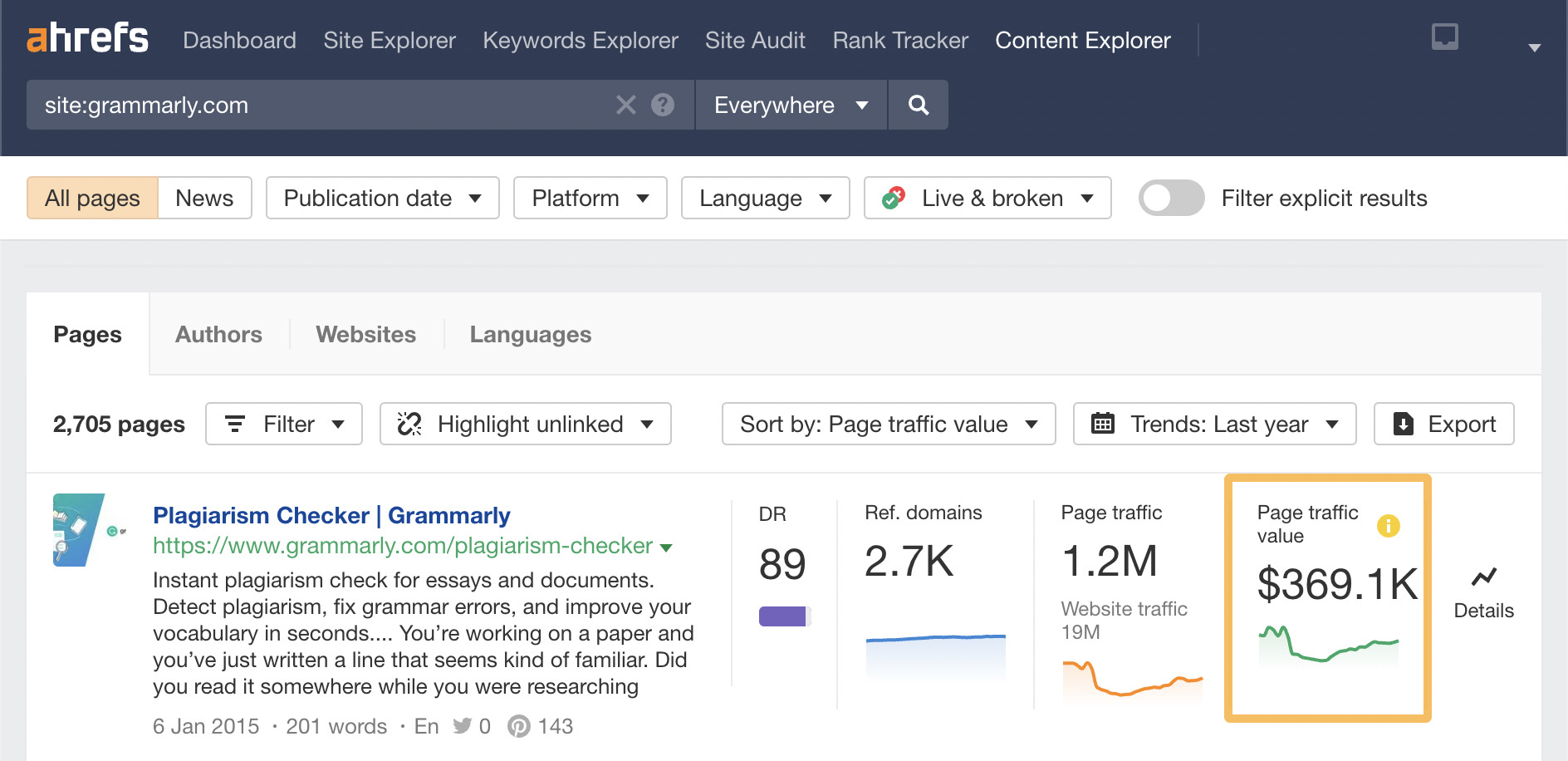 Spy on Your Competitors 🕵️ (How Do You Do It?) | Page traffic value, via Ahrefs' Content Explorer