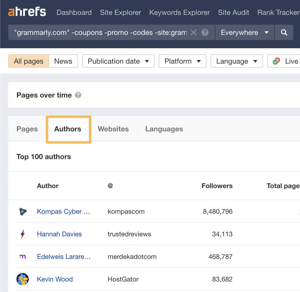 Spy on Your Competitors 🕵️ (How Do You Do It?) | Authors' detail, via Ahrefs' Content Explorer